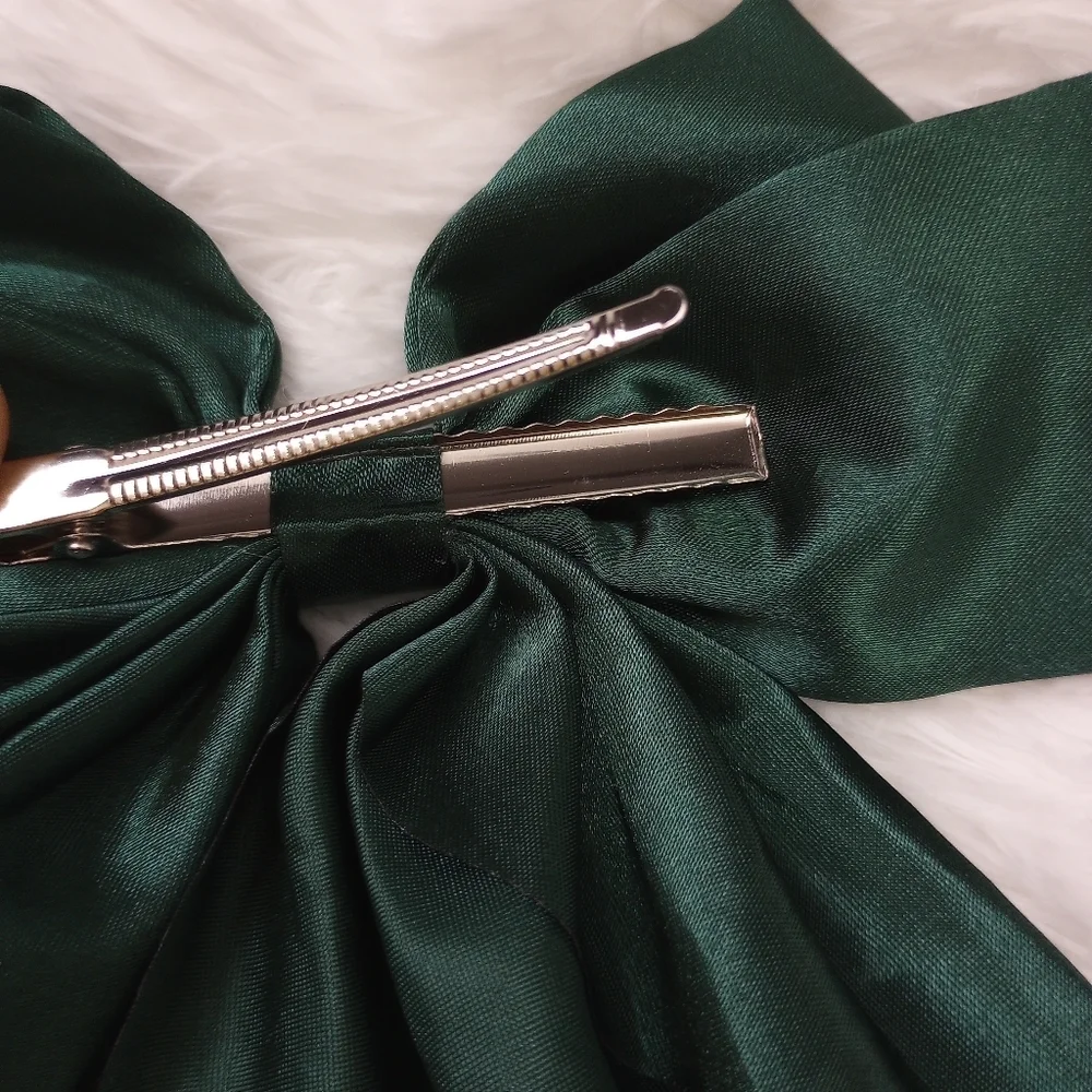 Forest Green Satin Like Large Hair Bow Clip